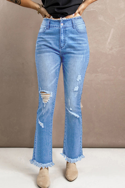 Frayed Ripped High Waist Flare Jeans