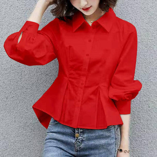 Single-Breasted Collared Ruffle Long Sleeve Blouse
