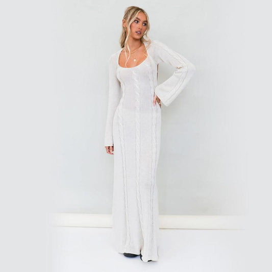 White U-Neck Flare Sleeve Backless Cable Knit Maxi Dress