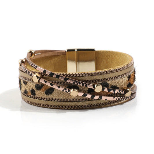 Boho Leopard Leather Wrap Bracelet With Magnetic Clasp