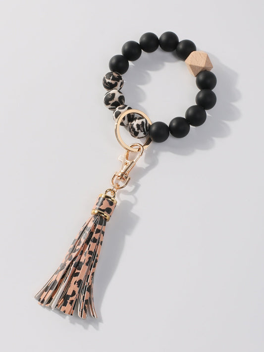Leopard Beaded Bracelet With Tassel Keychain