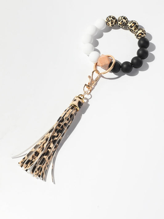 Leopard Colorblock Beaded Bracelet With Tassel Keychain
