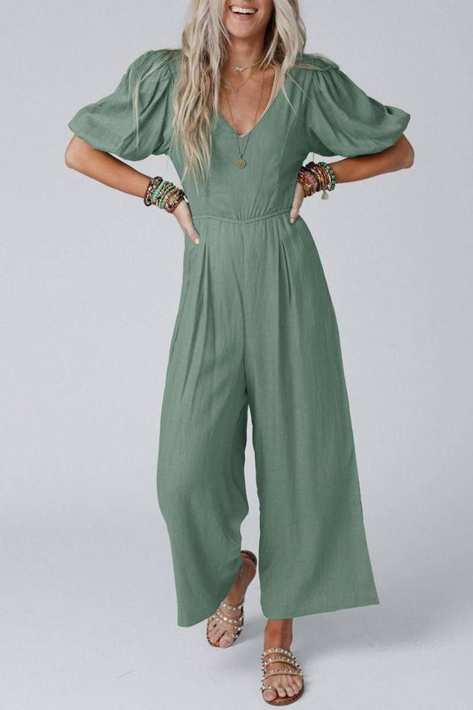 V Neck Puff Sleeve Cut Out Wide Leg Jumpsuit