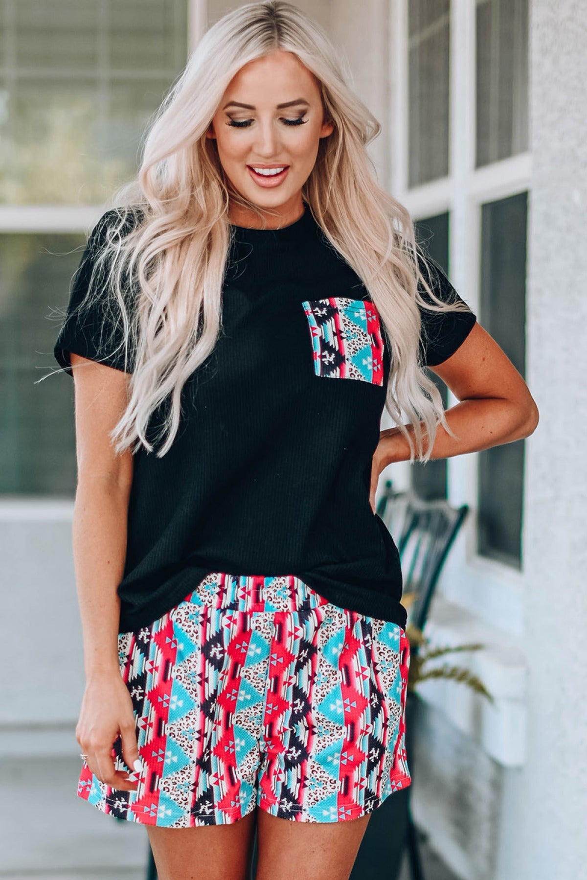 Black Aztec Pocketed Tee And Shorts Set