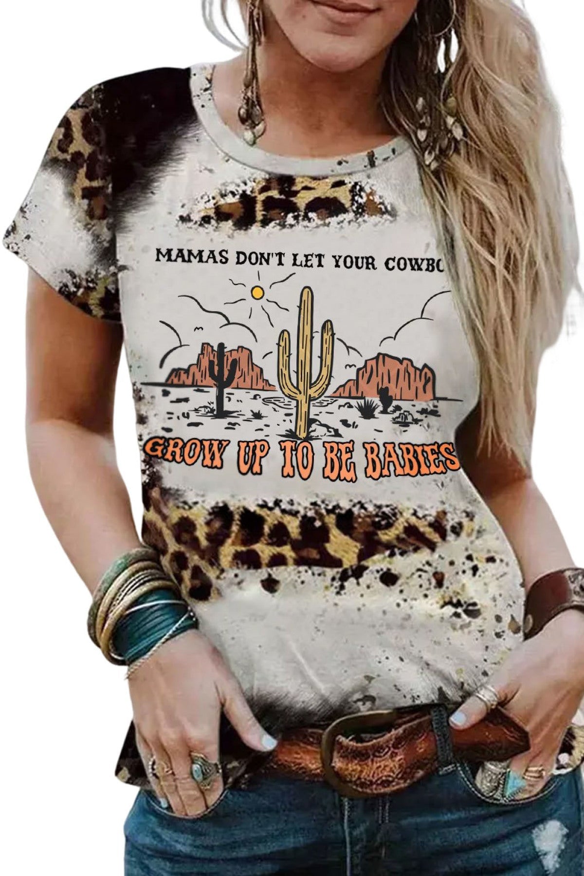 Leopard Cactus Letter Print Round Neck T Shirt