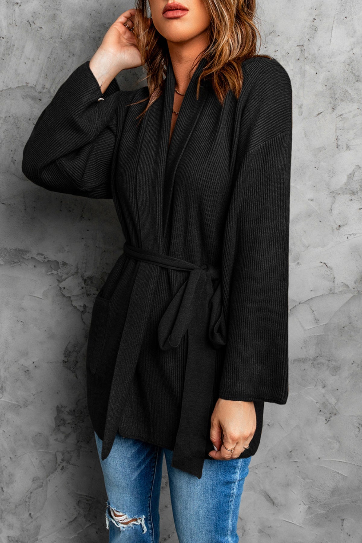 Robe Style Rib Knit Pocketed Cardigan With Belt