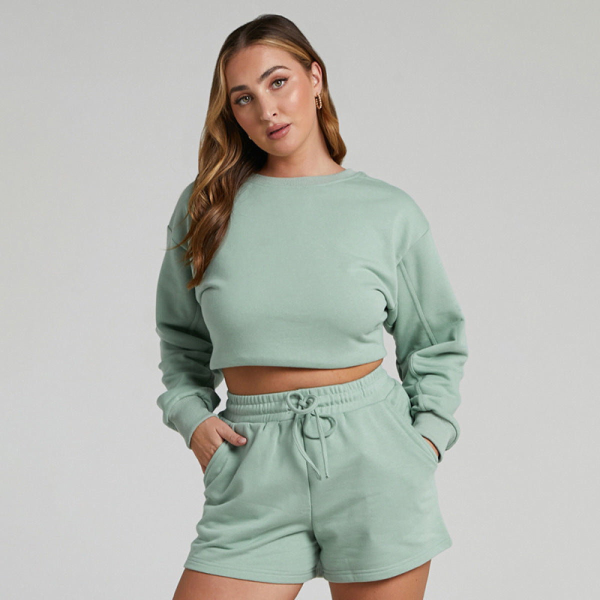 Casual Long-Sleeved Sweatshirts & Shorts Two-Piece Set