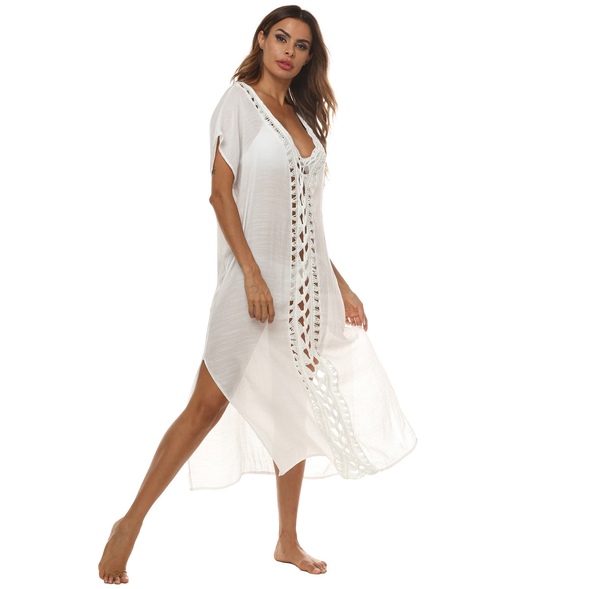 Solid Deep V Openwork Slit Beach Cover-Up