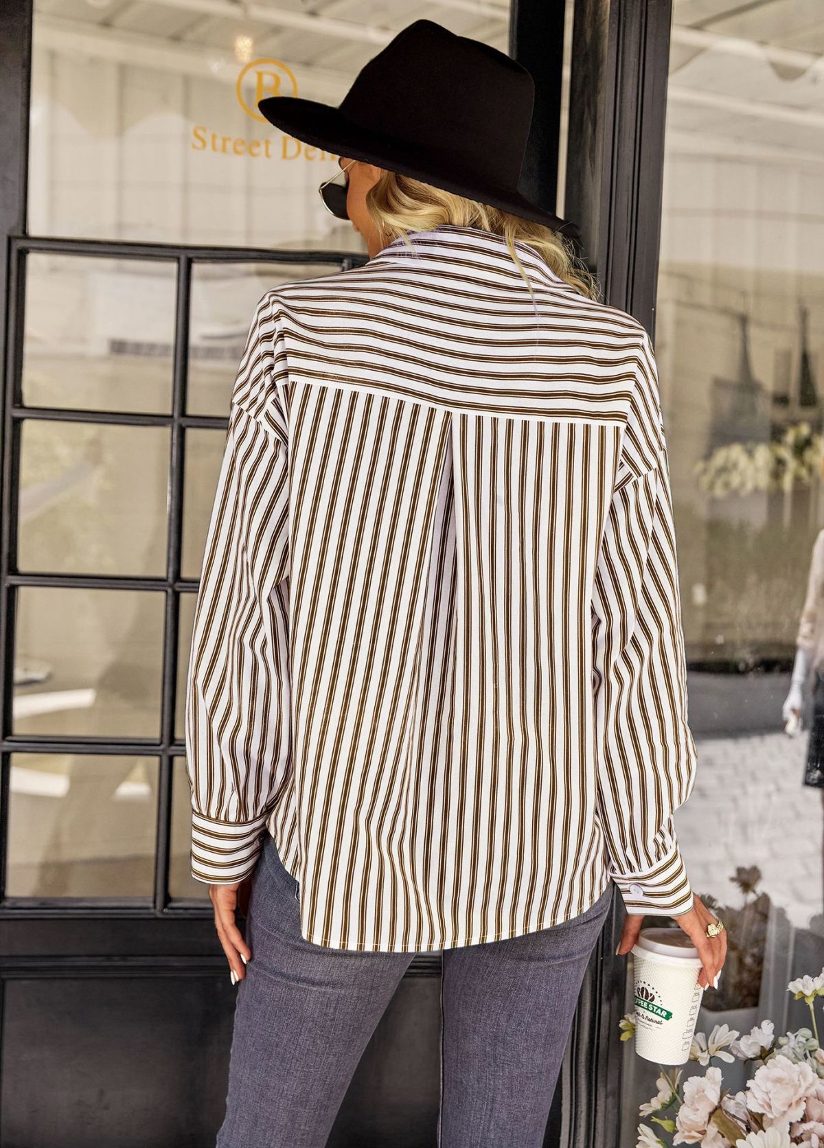 Collared Neck Long Sleeve Striped Button Blouse With Pockets