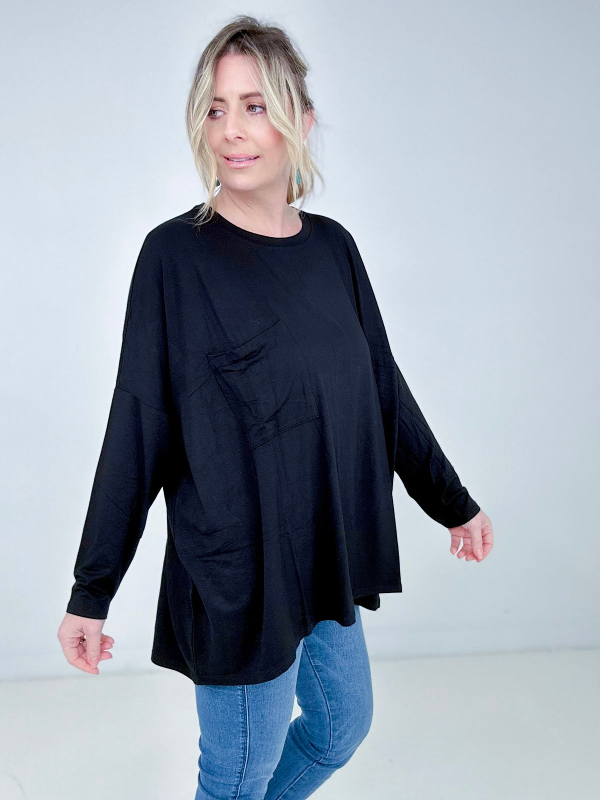 Zenana Luxe Rayon Oversized Round Neck Front Pocket Top