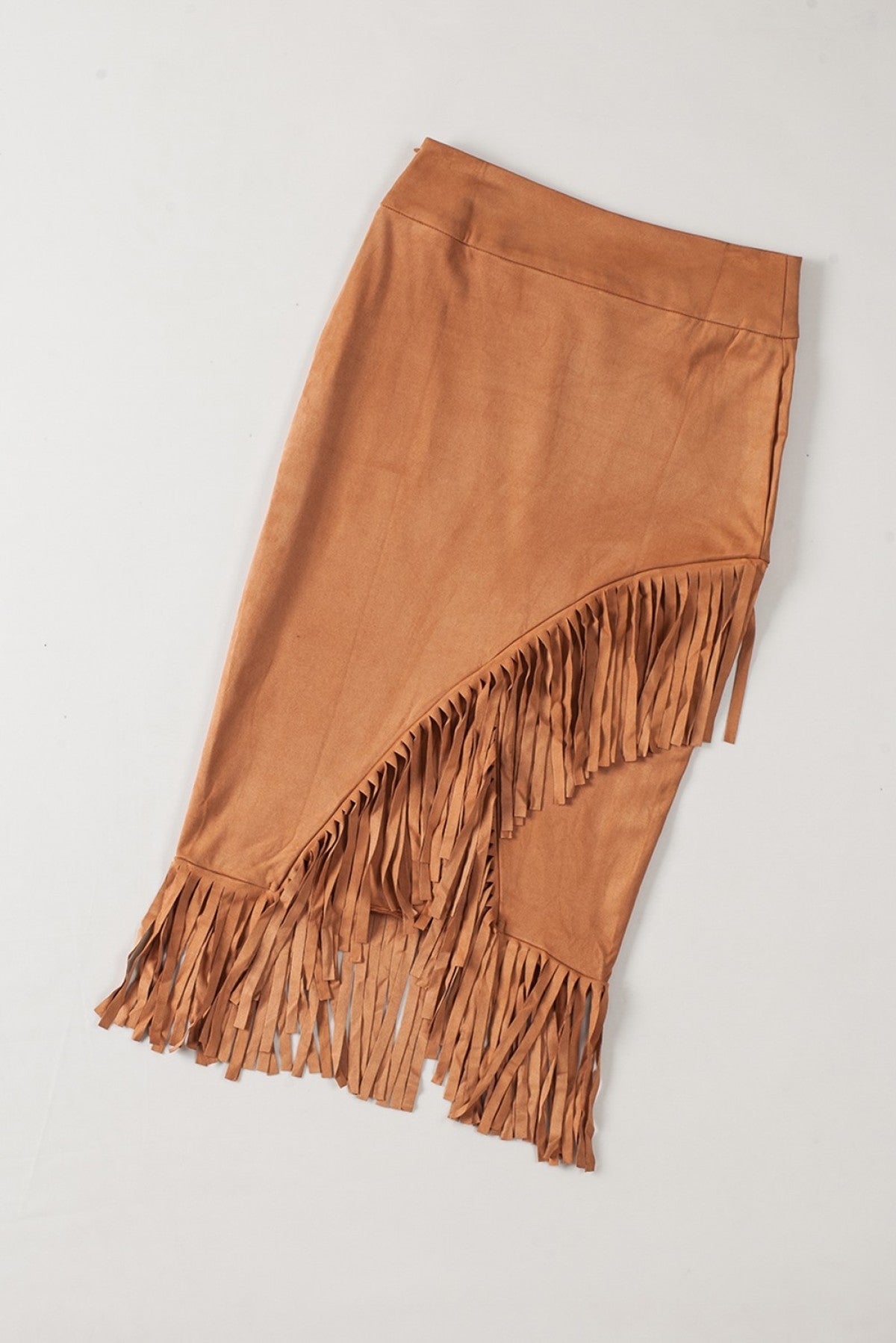 Brown Fringe Asymmetric Wrap Suede Midi Skirt