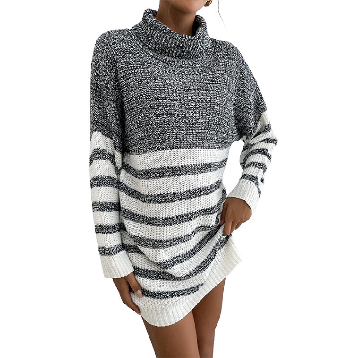 Turtleneck Long Sleeve Knitted Colorblock Sweater Dress