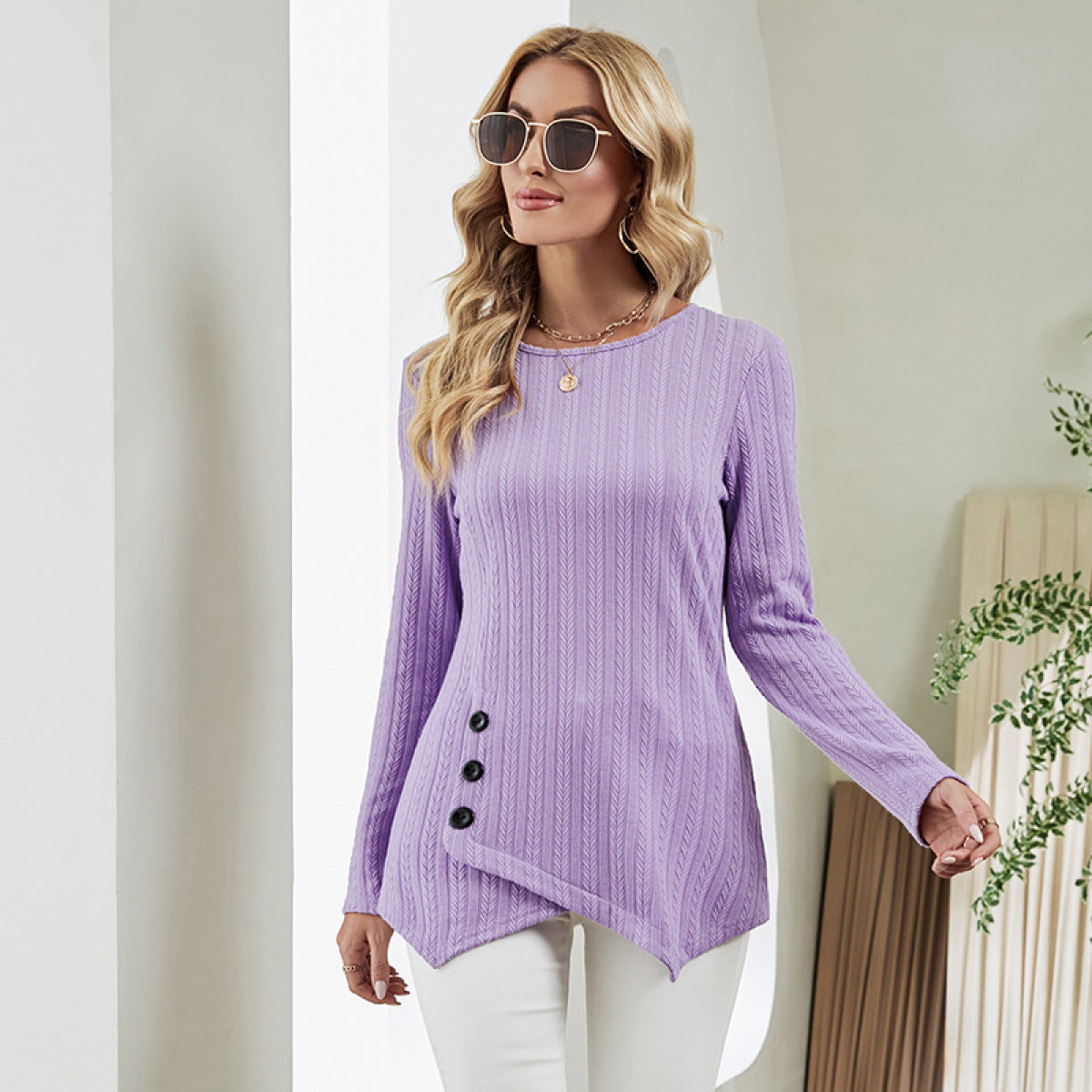 Round Neck Long Sleeve Asymmetrical Blouse With Buttons