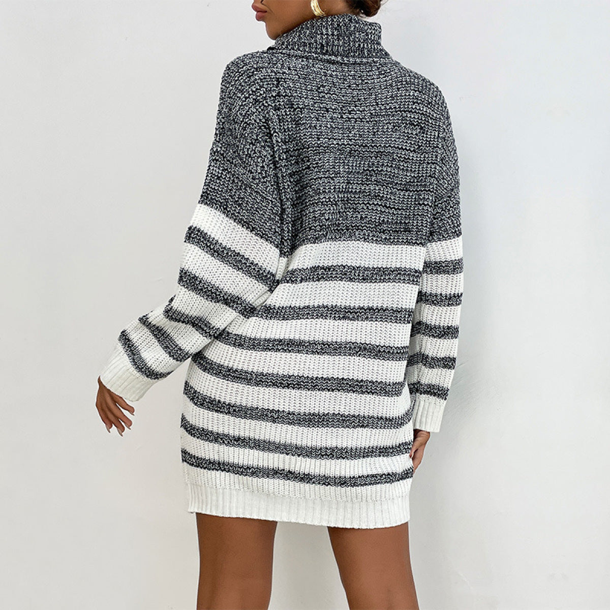 Turtleneck Long Sleeve Knitted Colorblock Sweater Dress