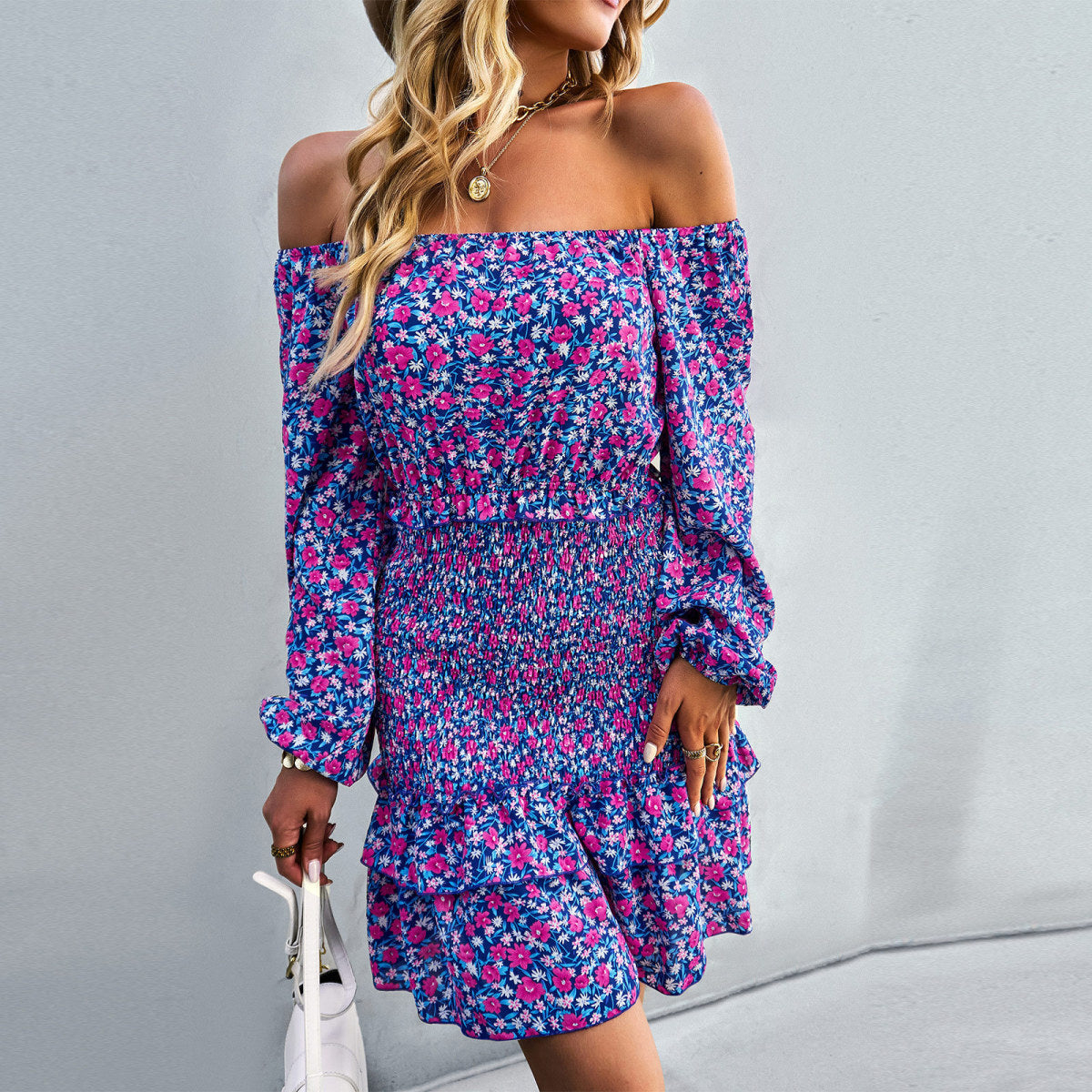 Off-The-Shoulder Lantern Sleeve Tie Waist Tiered Shirred Ditsy Floral Mini Dress