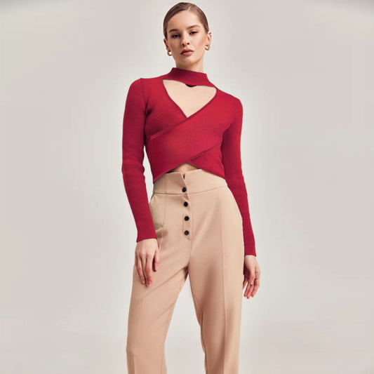 Solid Color Long Sleeve Cut Out Crisscross Ribbed Sweater