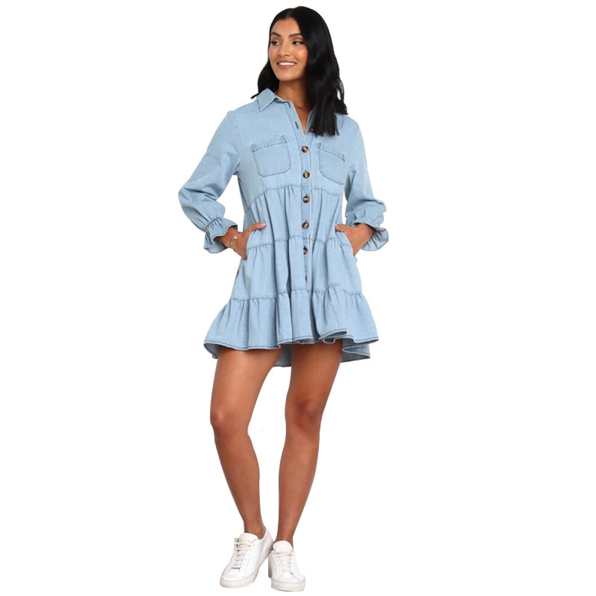 High Waist Single Breasted Tiered Layer Long Sleeve Mini Dresses