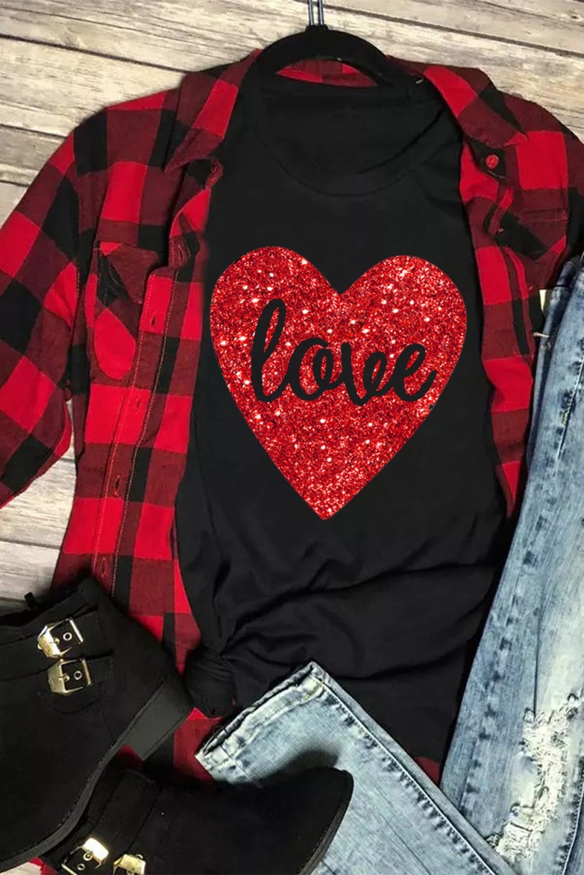 Black Love Heart Shaped Glitter Print Short Sleeve T Shirt