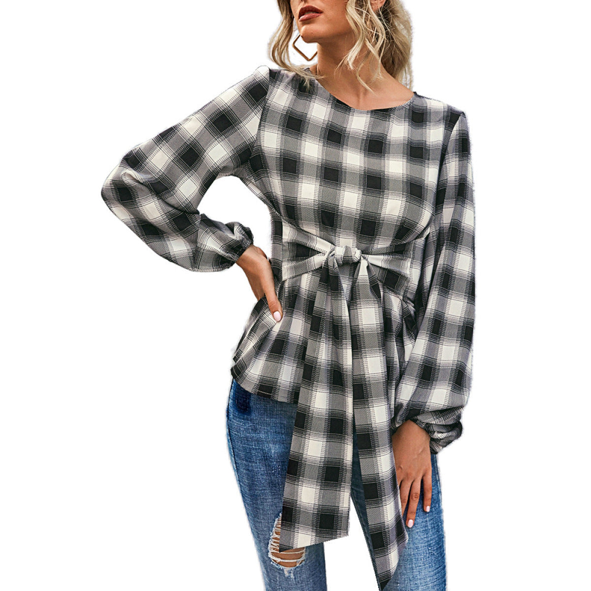 Loose Plaid Round Neck Long-Sleeved Knot Blouse