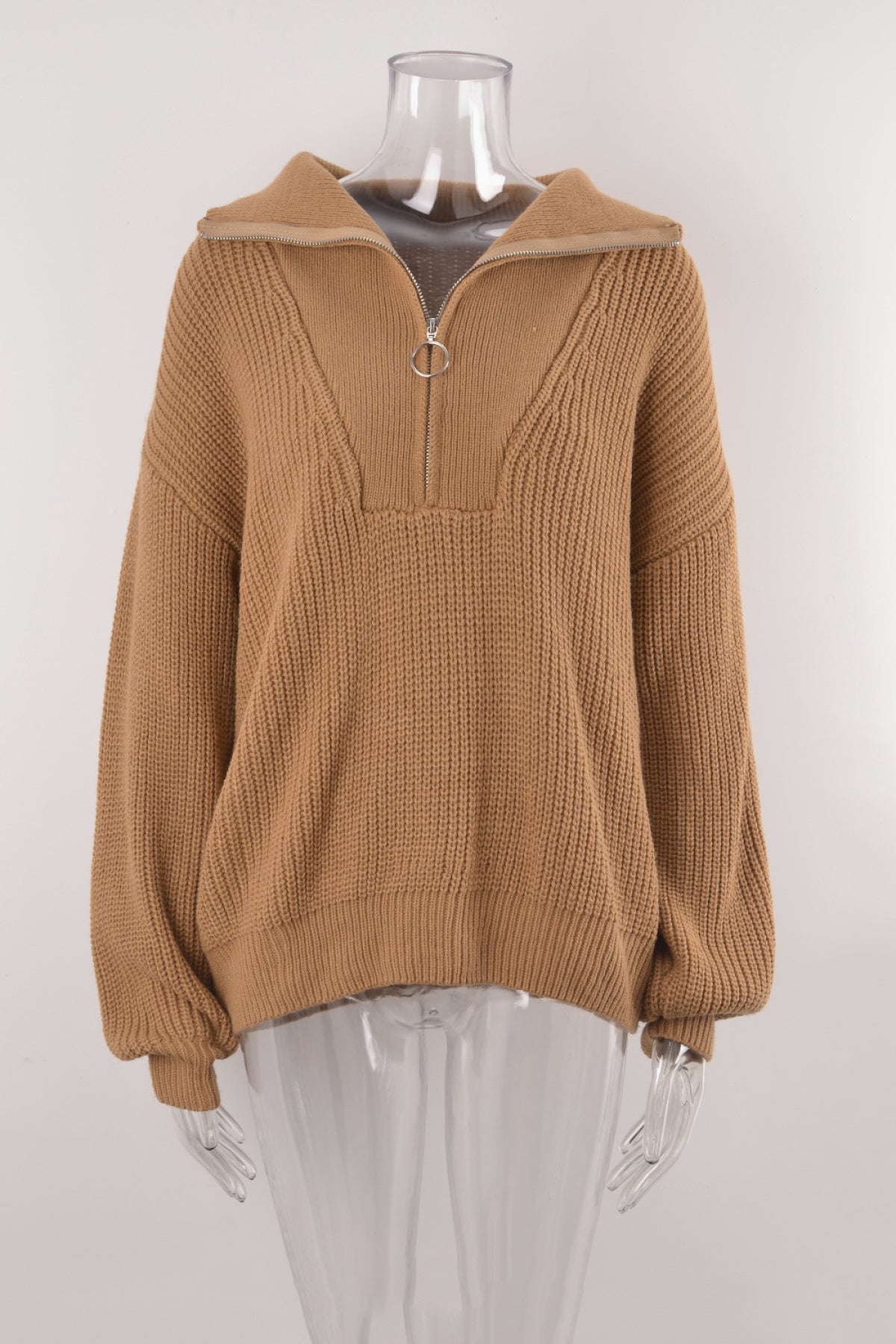 Pullover Zipper Knitted Collared Balloon Sleeve Sweater
