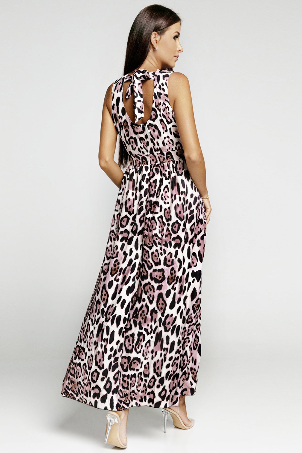 Wrap V Neck Backless Leopard Split Maxi Dress