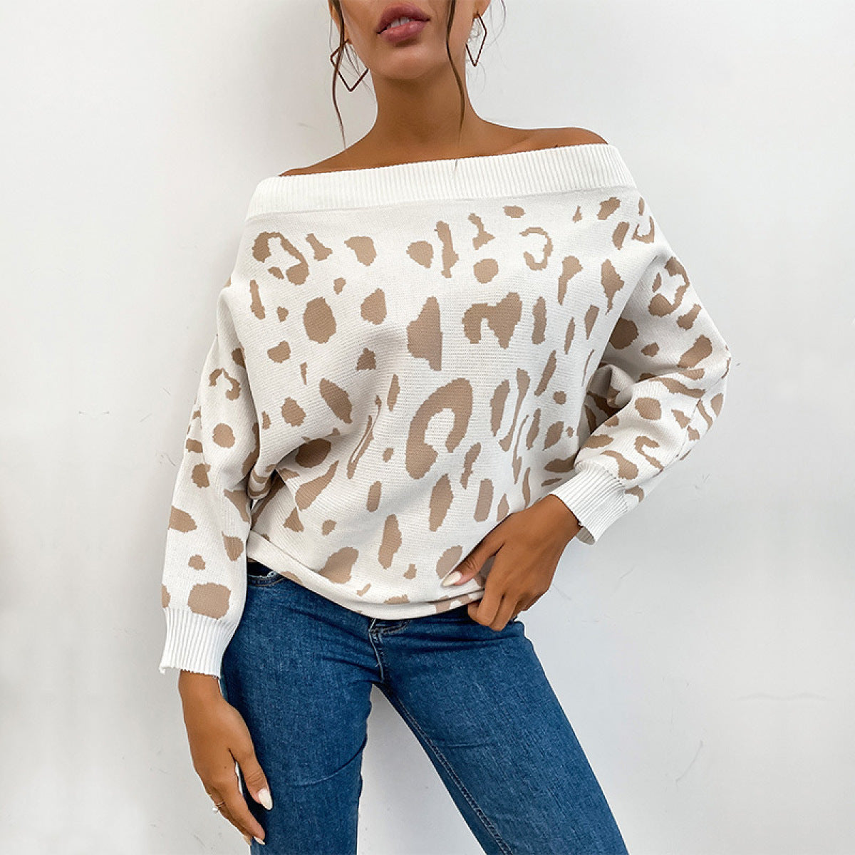 Off-the-Shoulder Long Sleeve Leopard Knit Sweater