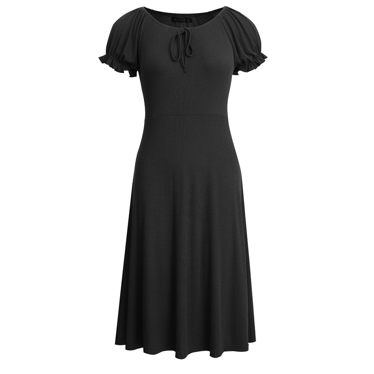 Round Neck Puff Sleeve Tie Front Solid Color Midi Dress
