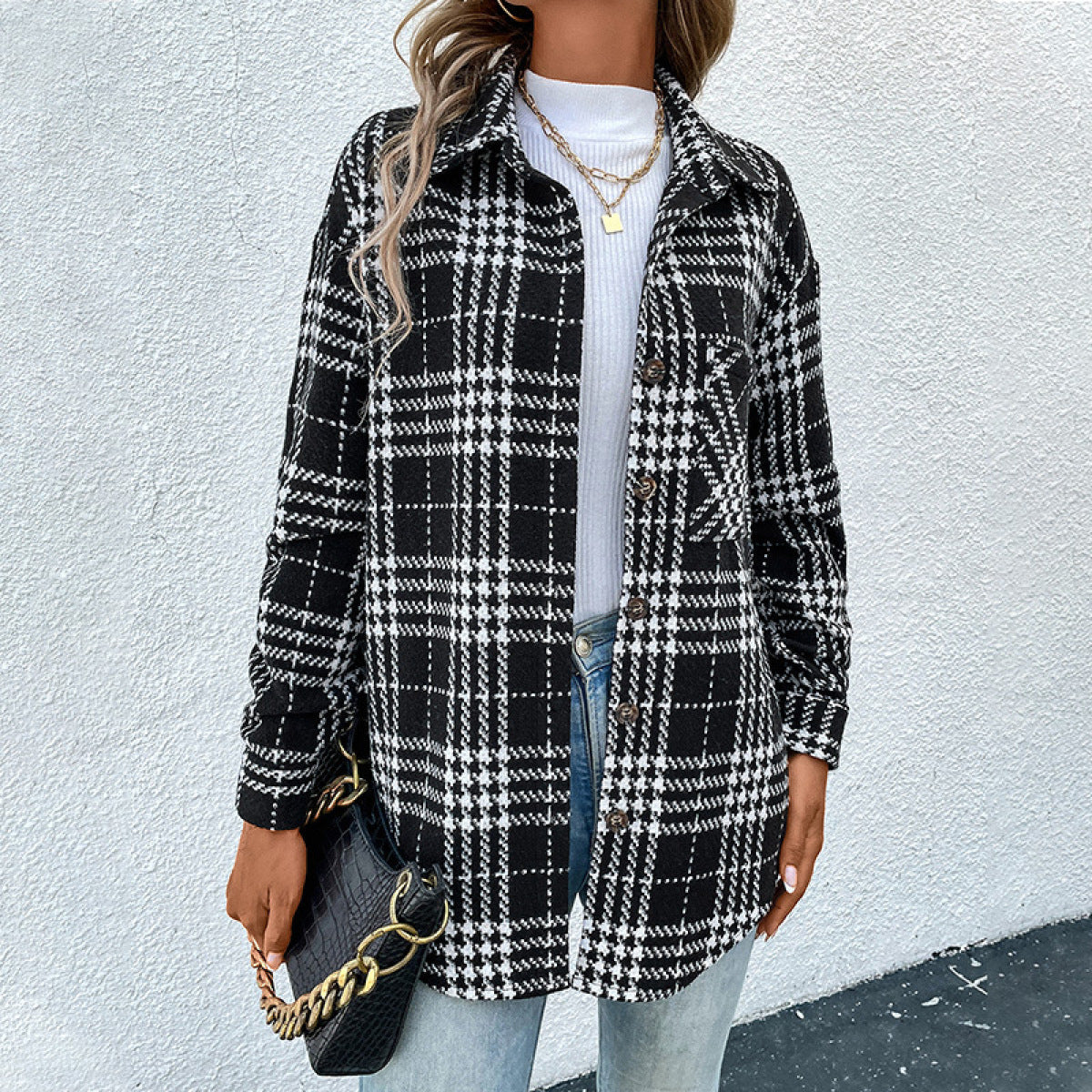 Collared Neck Single-Breasted Plaid Coat With Pocket