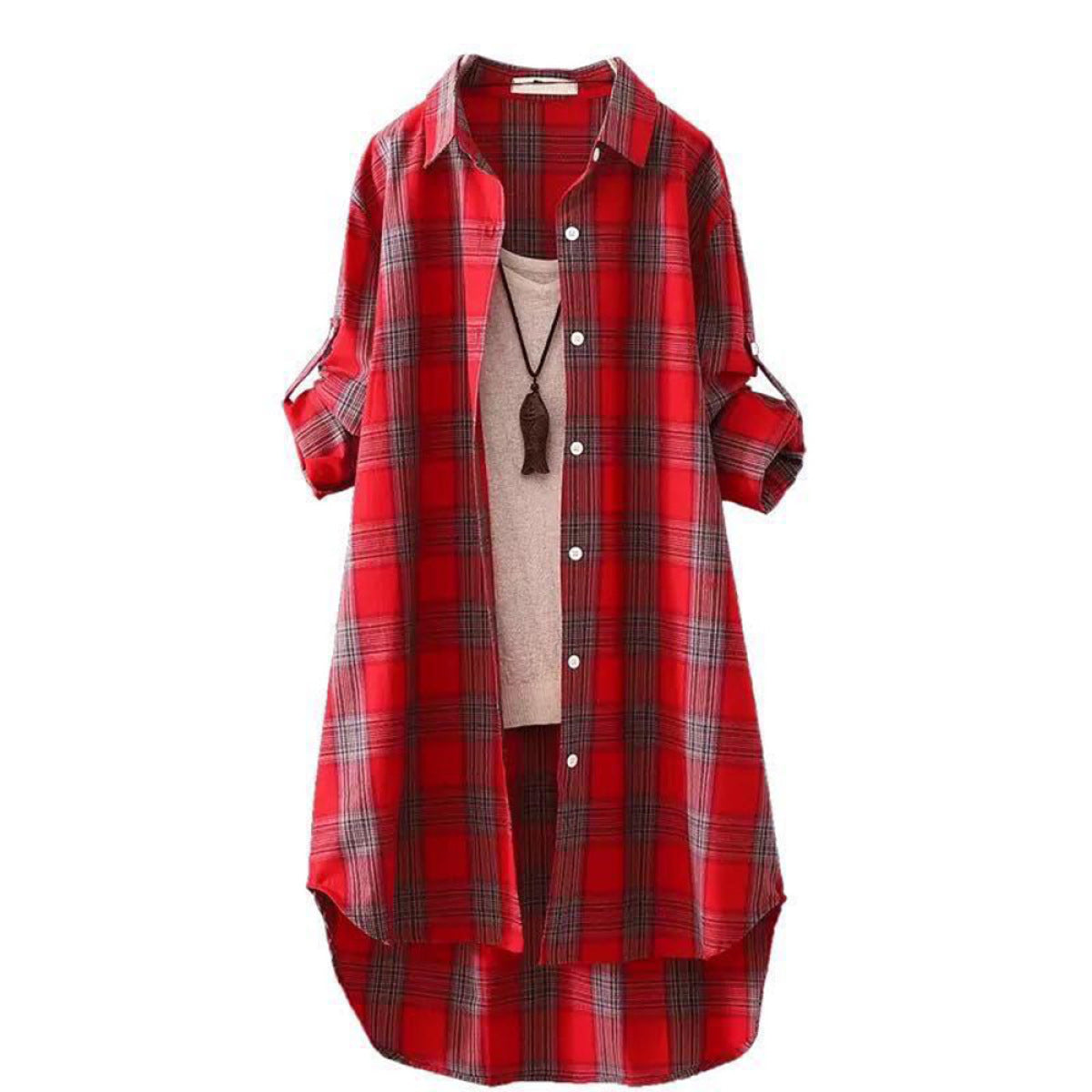 Casual Red Plaid Single-Breasted Long-Sleeved Blouse