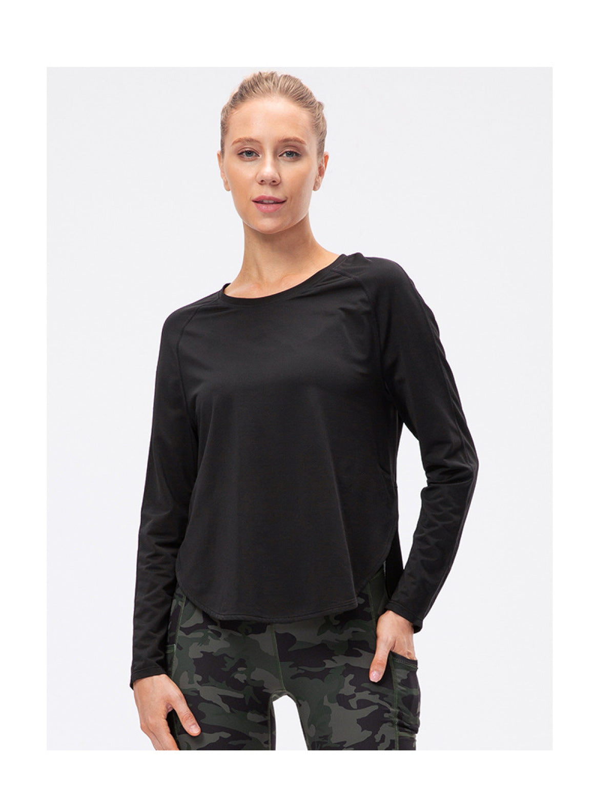 Round Neck Long Sleeve Solid Slit Active Tops