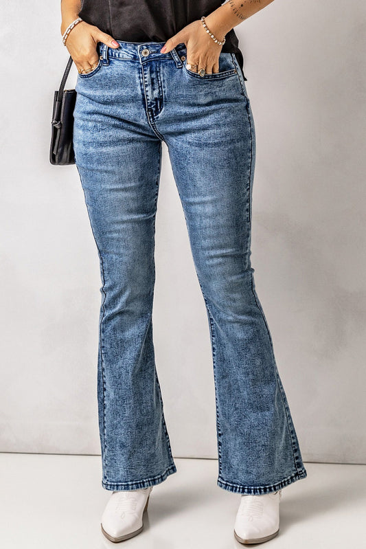 Vintage Washed Flare Jeans With Pockets
