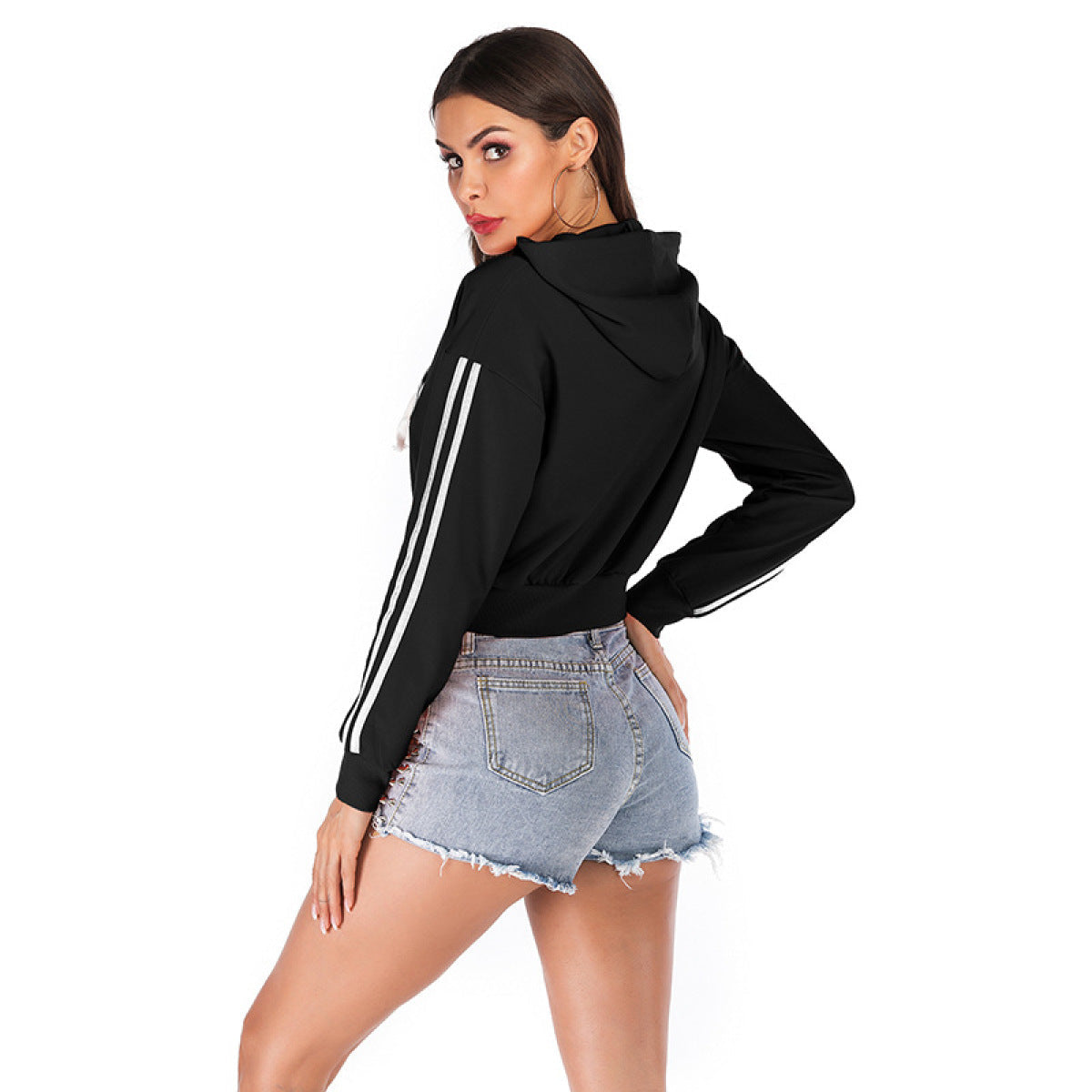 Plus Size Solid Striped Sleeve Zipper up Cropped Hoodie
