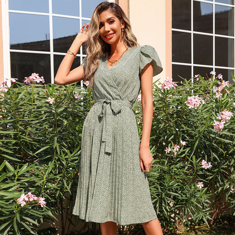 Green Allover Print V-Neck Pleated Belted Dress
