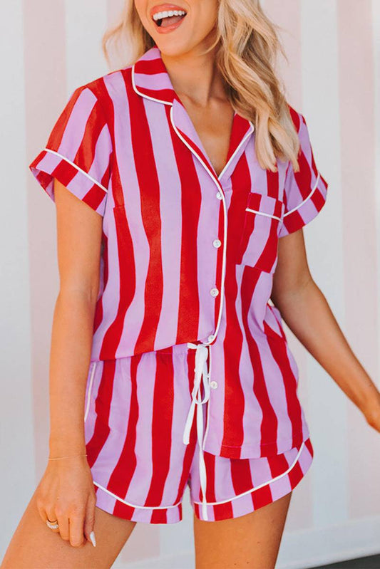 Color Block Striped Short Sleeve Pajamas Set