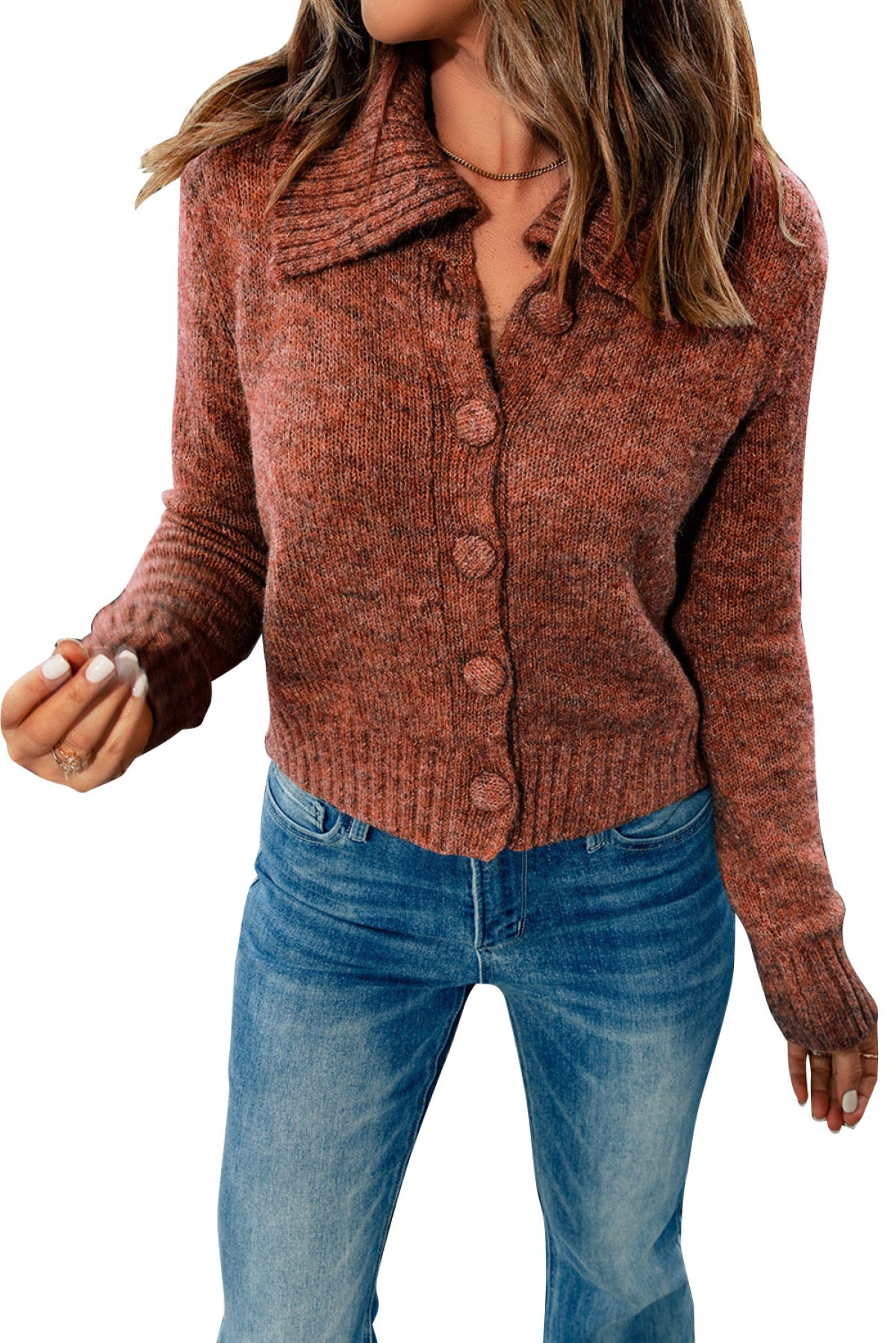 Brown Turn Down Collar Buttoned Knit Cardigan