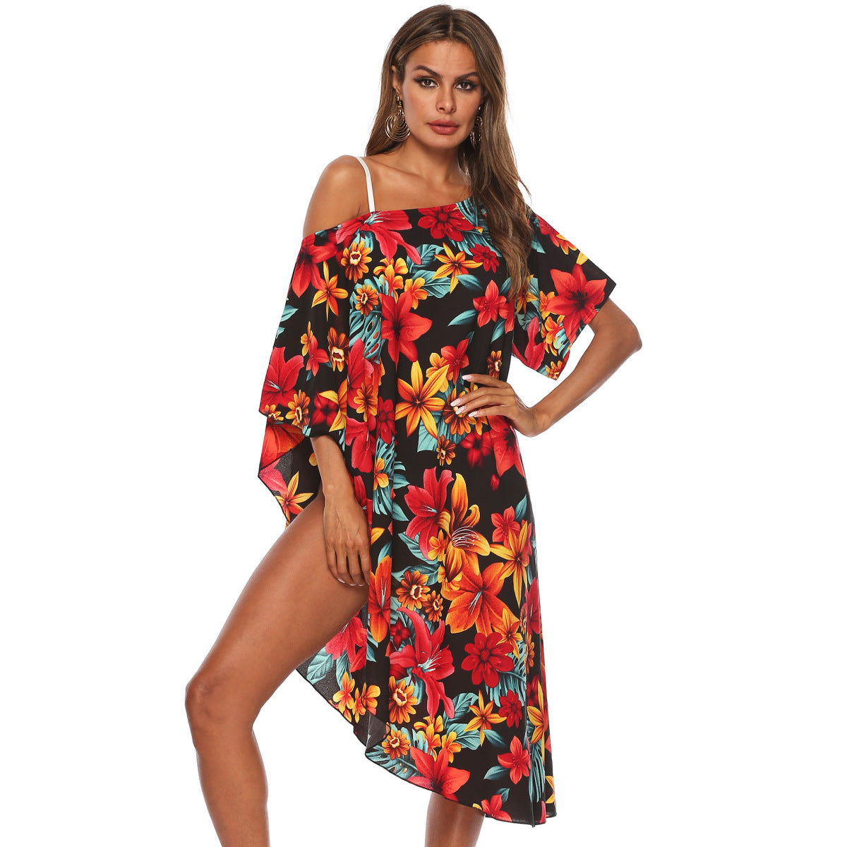One-Shoulder Floral Print Asymmetrical Beach Cover-Up