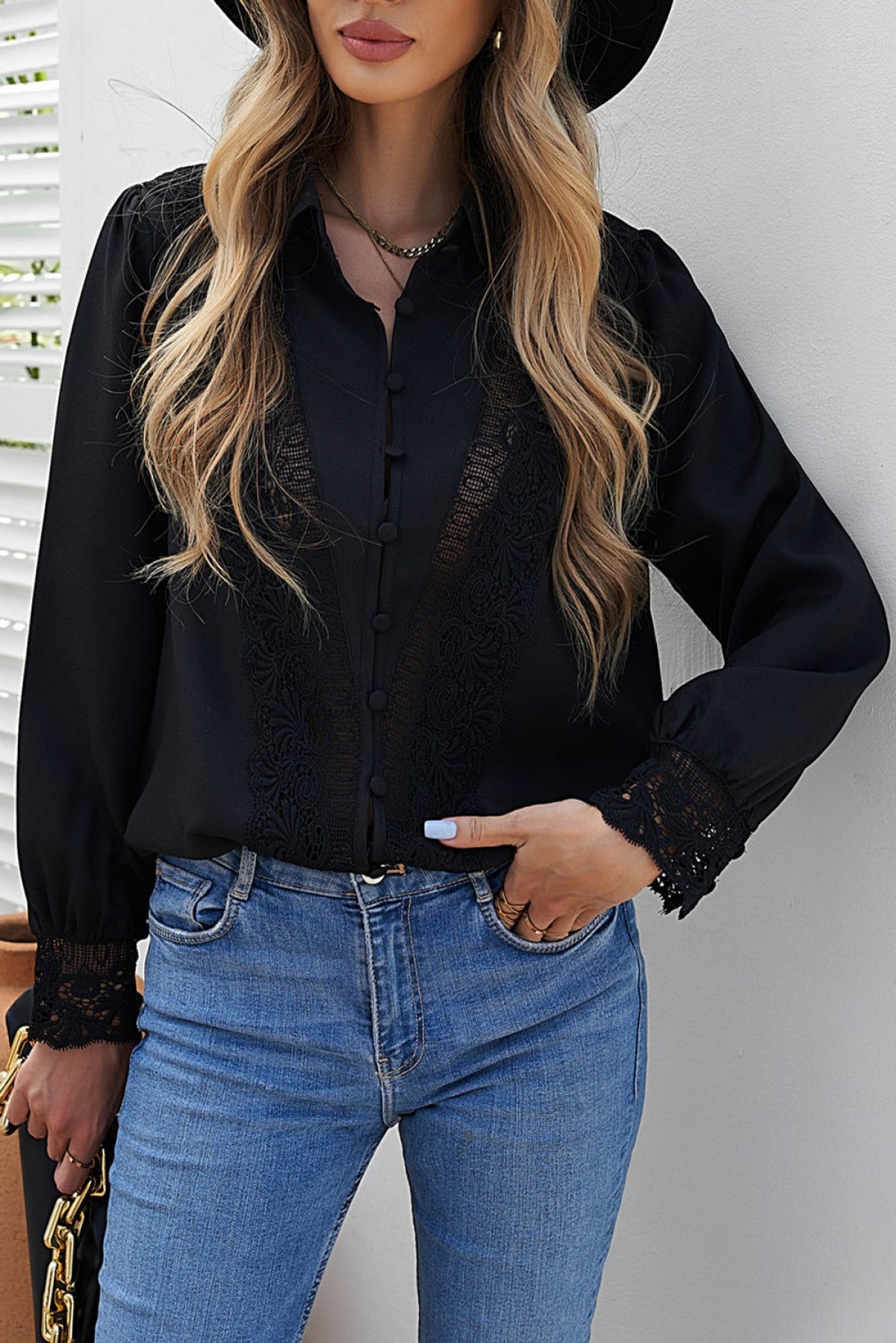 Lace Splicing Buttoned Collared Shirt