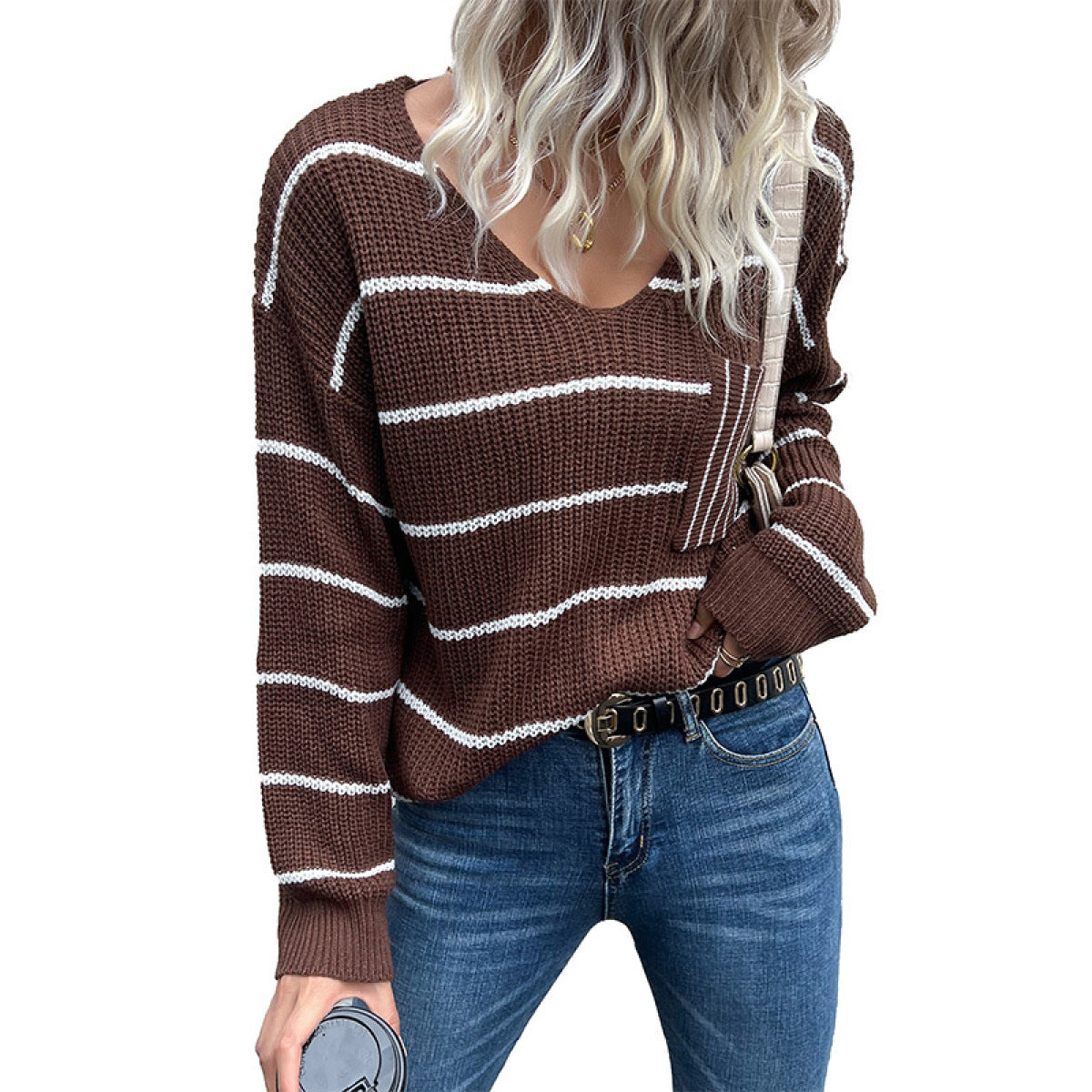 Colorblock Striped V-Neck Long Sleeve Knit Sweater