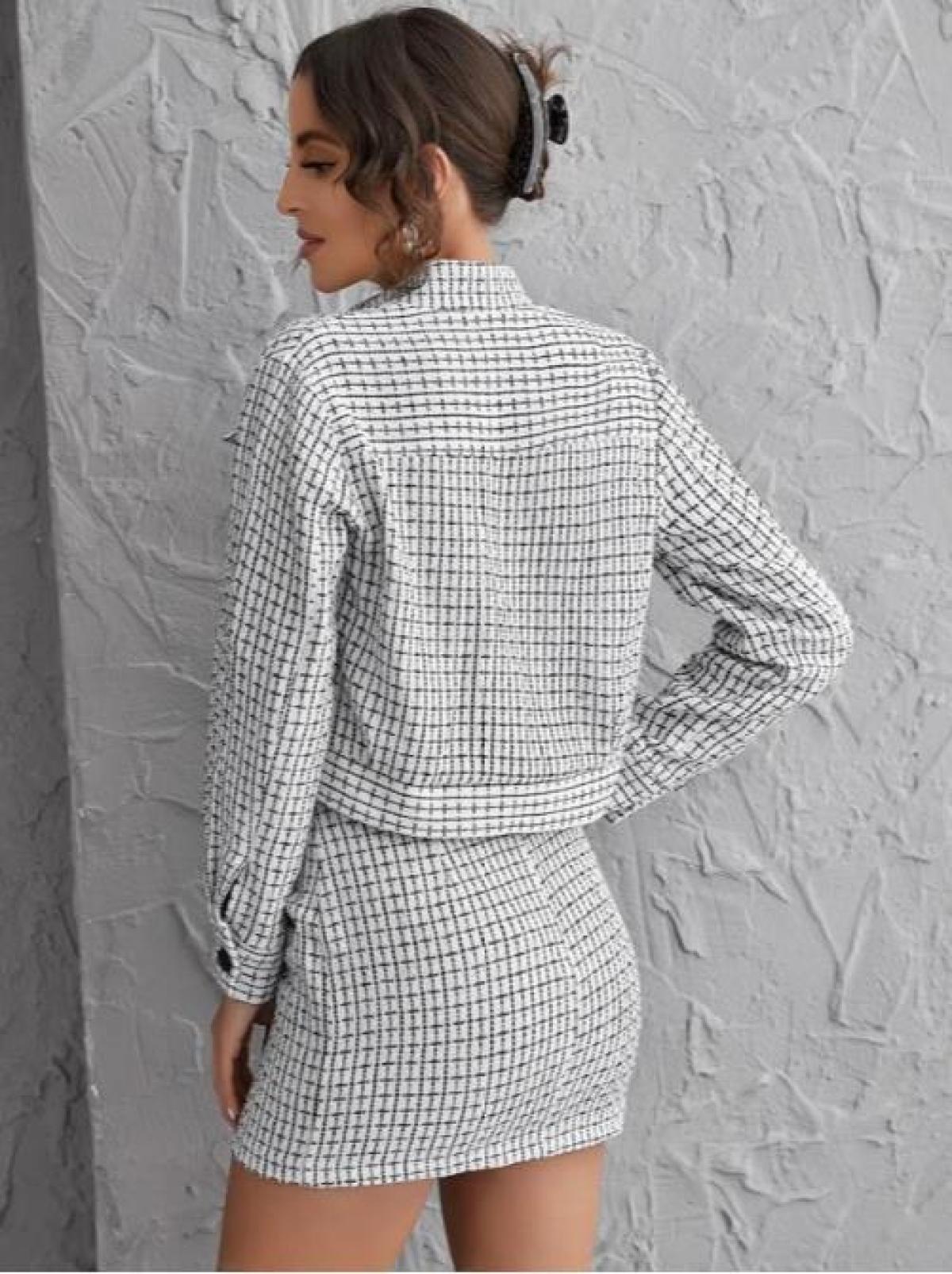 Mock Neck Long Sleeve Plaid Single-Breasted Skirt Set