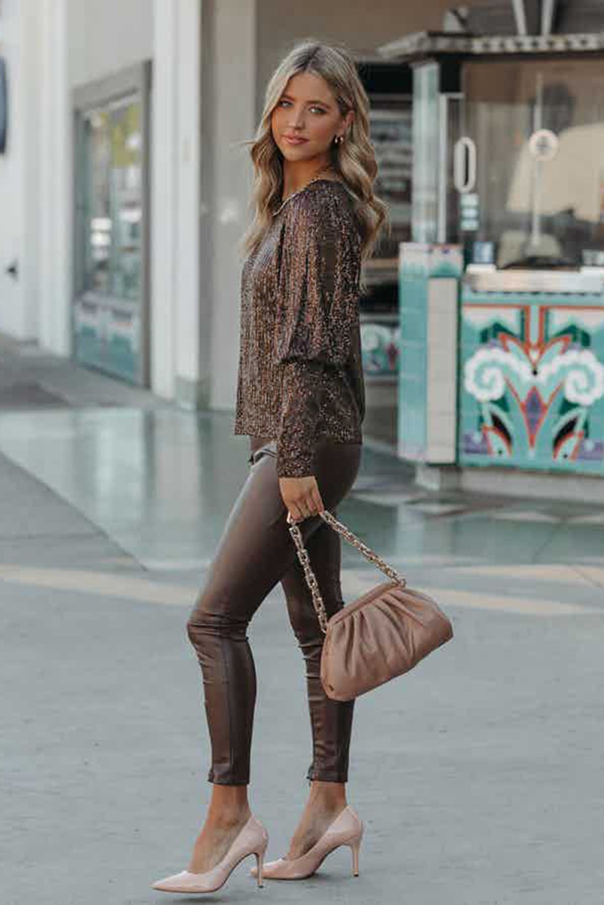 Brown Cuffed Sequin Top