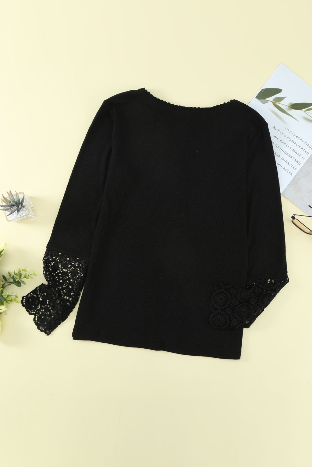 Lace Splicing Ribbed Long Sleeve Plus Size Top