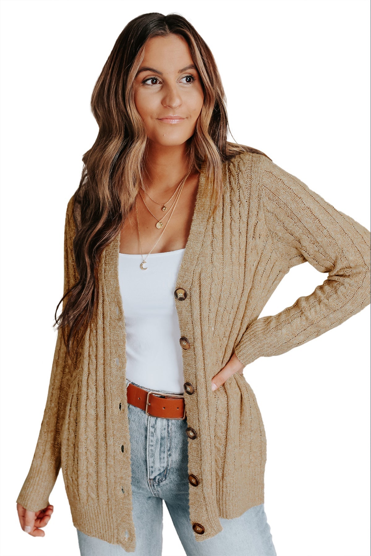Beige Buttons Front Cable Knit Cardigan