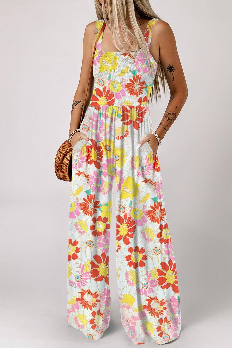 Multicolor Floral Print Shirred Sleeveless Wide Leg Jumpsuit