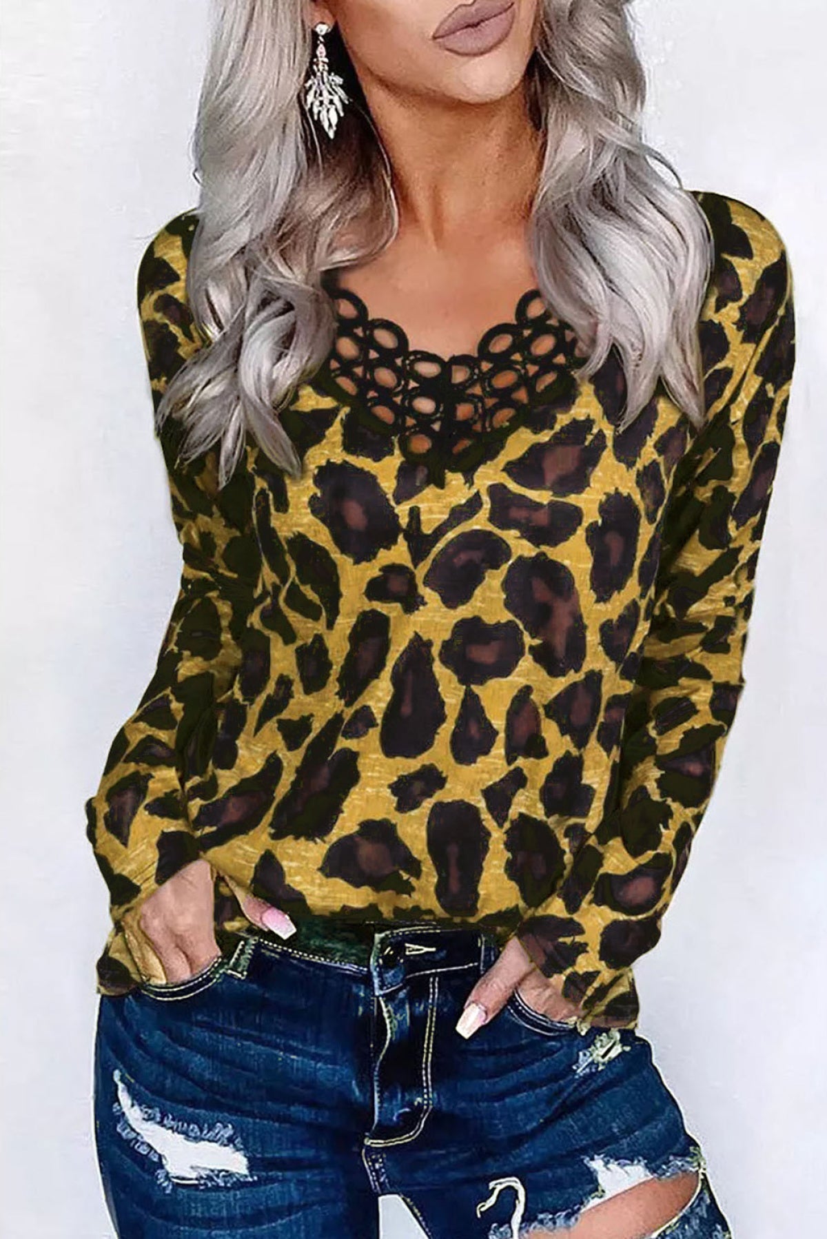 Brown Lace Splicing Hollow Out Leopard Blouse