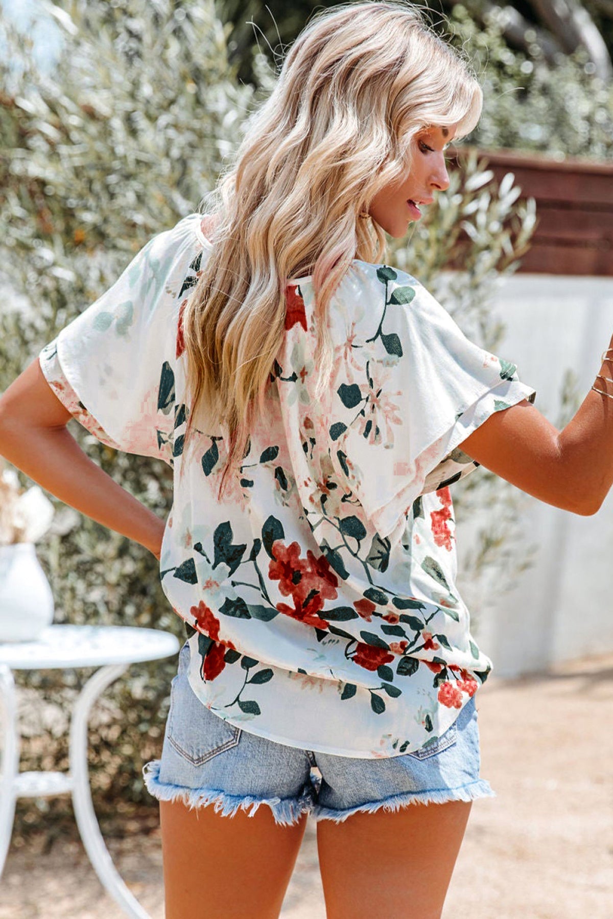 White Floral Print Buttons Tiered Ruffled Short Sleeve Shirt