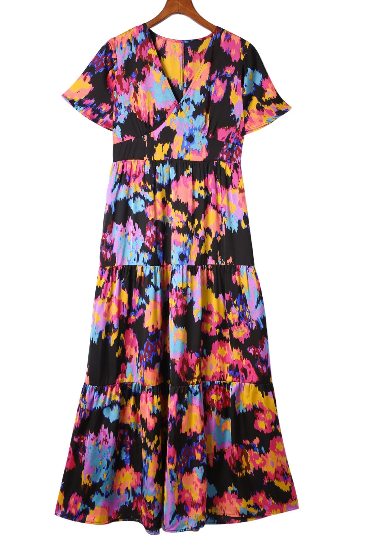 Abstract Floral Pattern Flutter Sleeve Tiered Maxi Dress