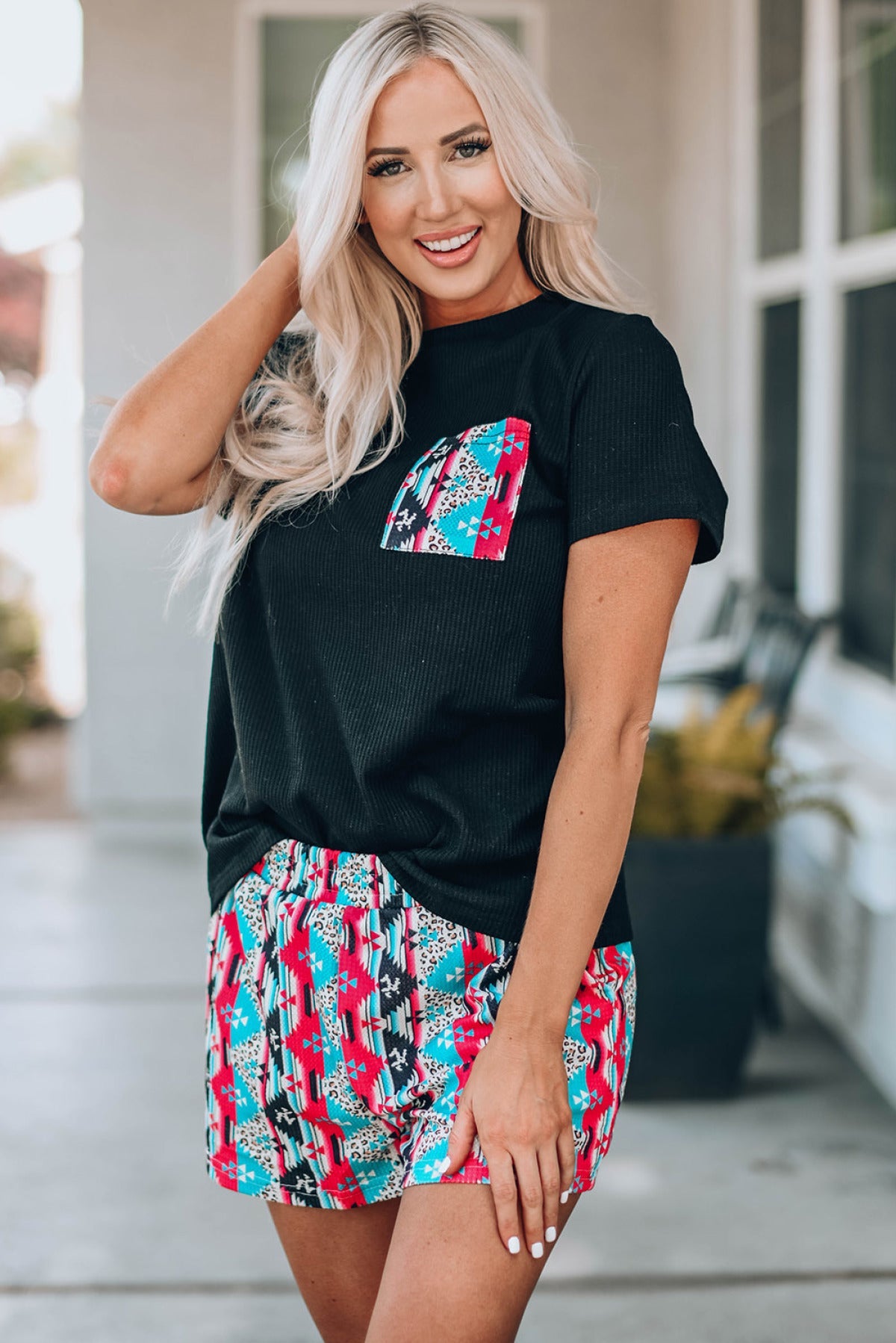 Black Aztec Pocketed Tee And Shorts Set