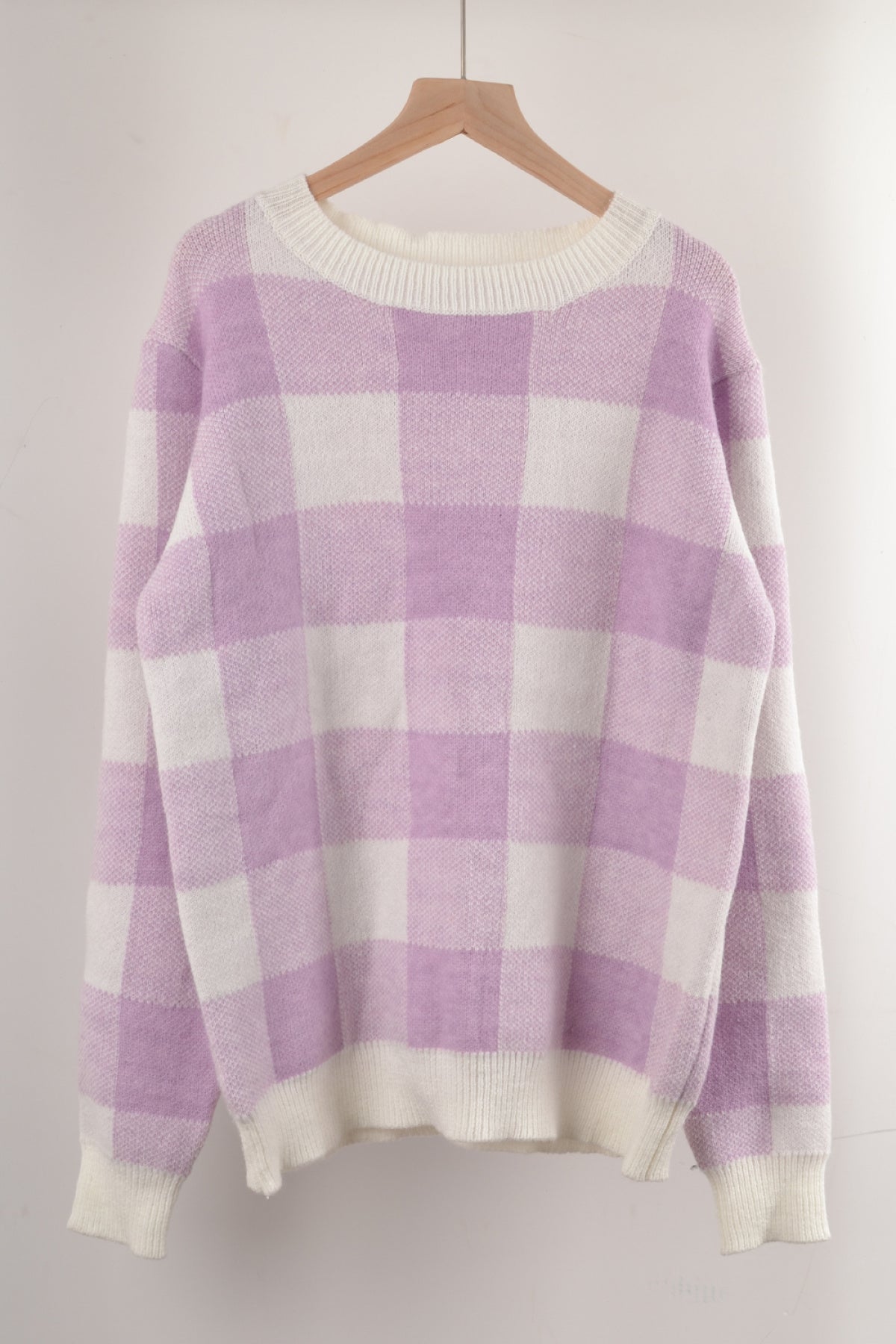 Round Neck Long Sleeve Plaid Knit Sweater