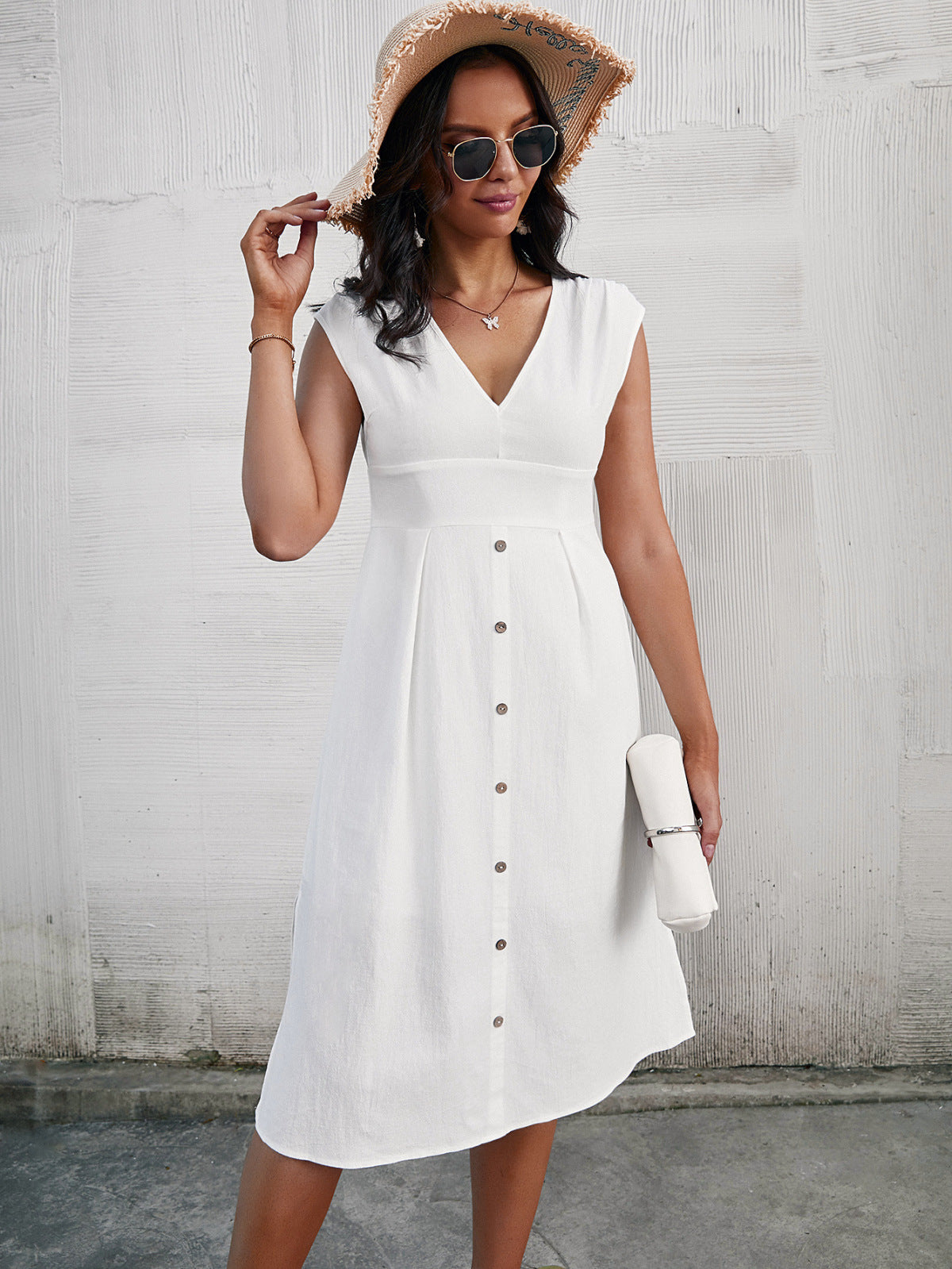 White V-Neck Buttoned Sleeveless Side Slit Dress