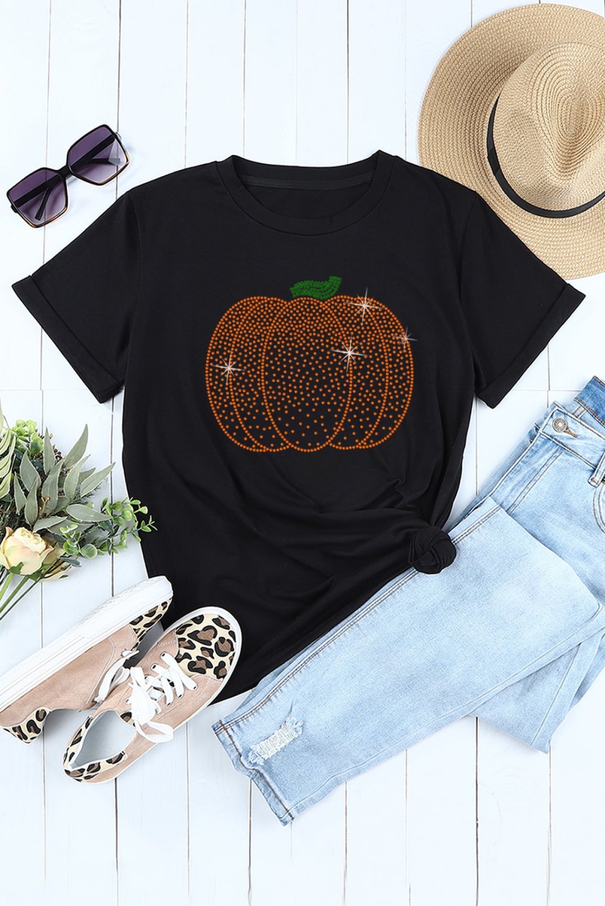 Black Glittering Rhinestone Pumpkin Halloween Fashion Tee